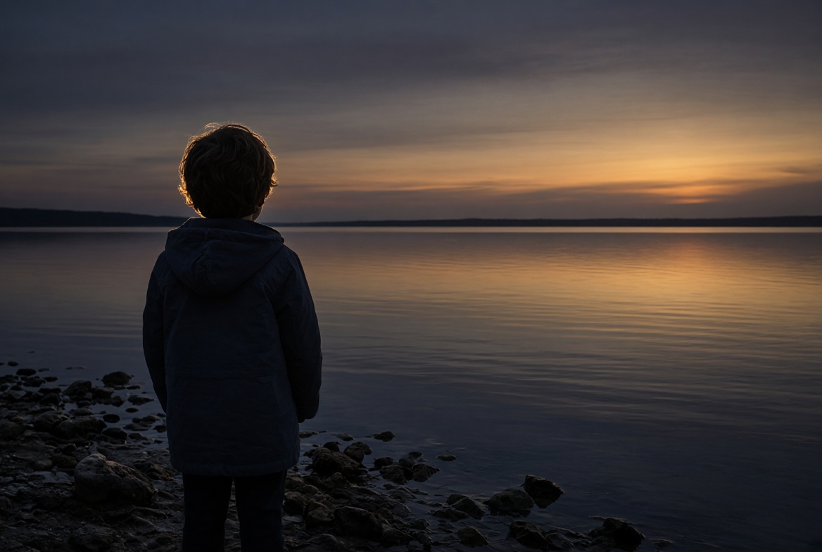 A child looking out over still water at dusk